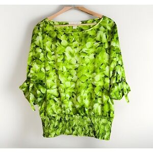 Michael Kors Size L Green Floral Leaf Print Roll-Tab Long Sleeve Smocked Top